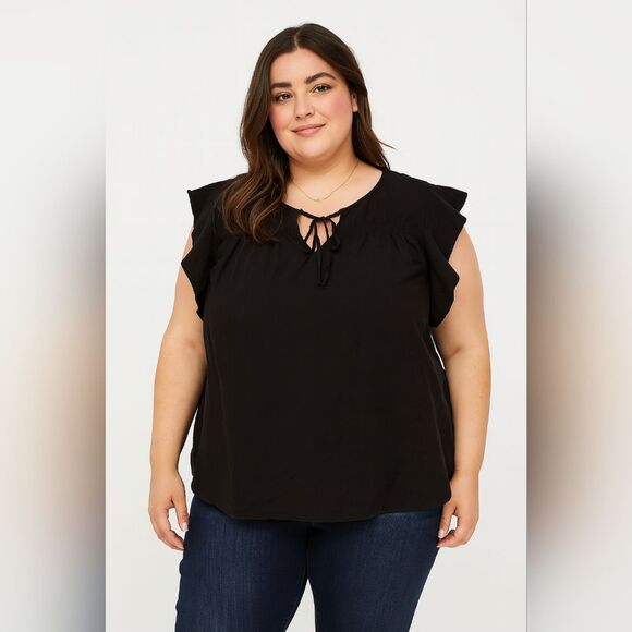 Cynthia Rowley Tops - Cynthia Rowley Linen Black Ruffle Flutter Sleeve Blouse 1X Romantic Cottagecore